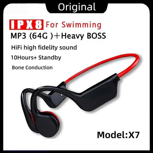 Headsets X7 Knochenleitung drahtloser Bluetooth-Ohrhörer IPX8 wasserdichtes MP3-Player HiFi Ohrhoch-Kopfhörer mit Mikrofon-Headset zum Schwimmen J240508