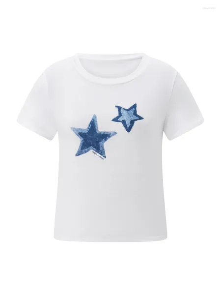 Camisetas femininas Mulheres Y2K Manga curta T-shirt Top STAR GRAPHIC CROP CROP CREWNECK SMUMENT CASual Slim Tops Streetwear