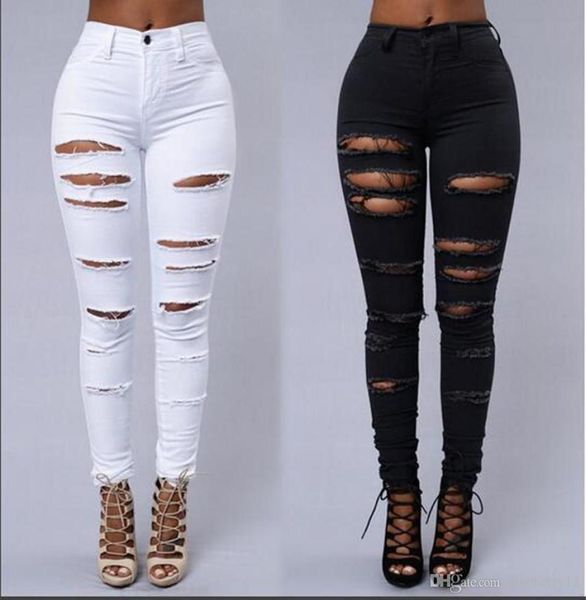 High Street Women Skinny Jeans seksi yırtık cilt sıkı kot moda siyah ve beyaz kalem denim pantolon3781086
