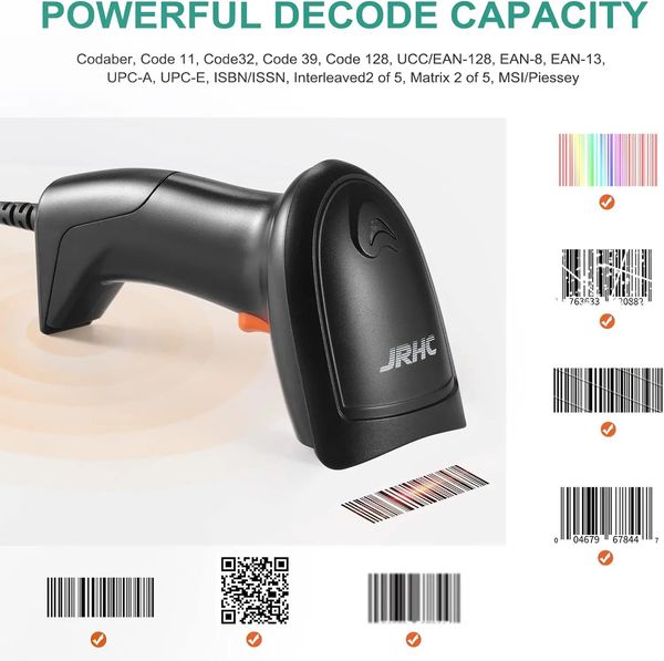 JRHC 1D USB -лазерный штрих -кодовый сканер портативных штрих -кодов считывателей сканирования инструментов для магазина супермаркет библиотека склада 240507