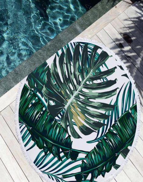 Die neuesten 150 cm runden bedruckten Strandtuch -grünen Pflanzenstil plus Pfirsich Haut Quasten Soft Feel unterstützen benutzerdefinierte Logo5524664