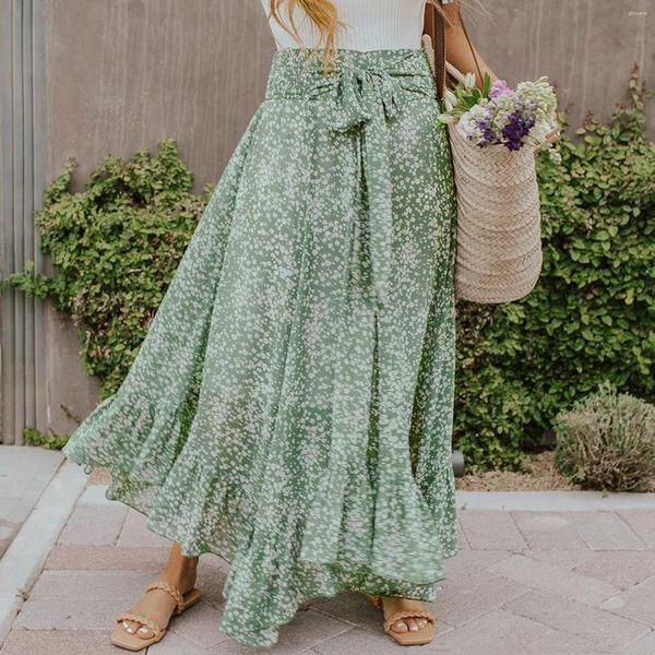 Saias de verão Vintage Bohemian Maxi Women Women High Caist Floral Print Scurn Salia 2024 Coréia Ruffles de retalhos de retalhos longos Faldas