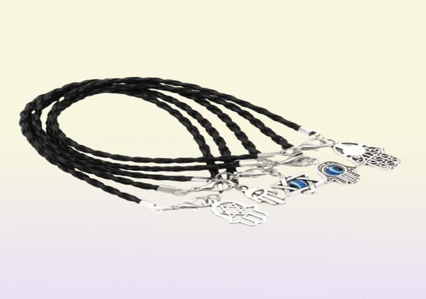 100pcs mixados kabbalah hamsa mão hado lucks Bracelets Bracelets preto corda trançada de couro 17 21cm5916265