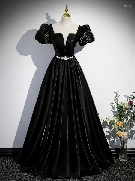 Vestidos de festa vestido preto roupas femininas cor sólida diamante em v alcance curto de gola curta longa saia line elegante vestido de noite M358