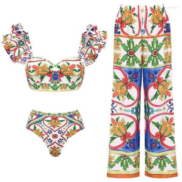 Moda de banho feminina de biquíni retro imprimida Moda de duas peças de maiô e encobrimento com calças Bandagem apertada Luxo de luxo de praia elegante elegante