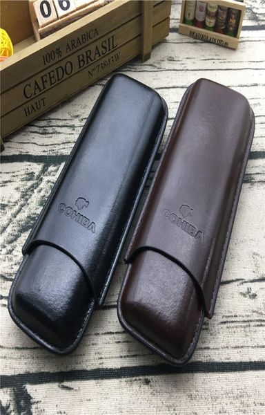 Cor marrom e preto colorido de couro 2 tubo de viagem capa de charuto humidor para fumantes5579464