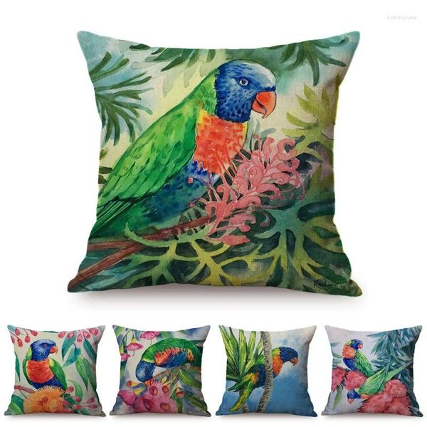 Travesseiro nórdico arte nórdica papagaio de aquarela de luxo home decorativo sofá capa de pássaros tropicais estilo de linho de linho de algodão tampa