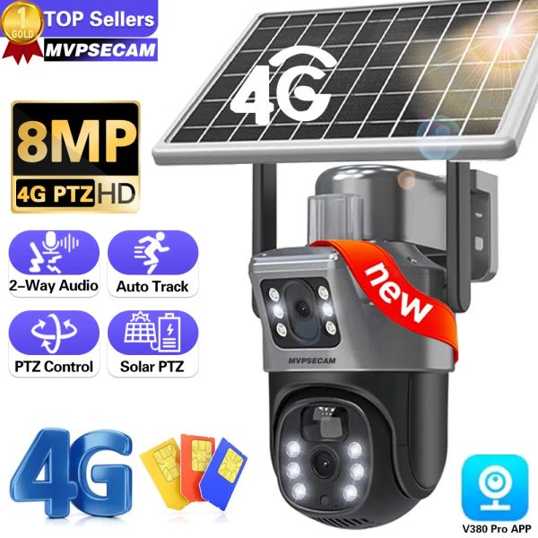 Câmeras 4K 4G Cartão SIM Lente dupla Câmeras solares 8MP Vigilância sem fio PTZ Câmera de bateria colorida Night Vision Pir Detecção V380 Pro