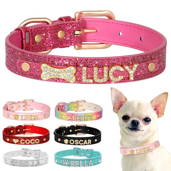 Personalisierte kleine Hunde Chihuahua Kragen Bling Strasshundkragen kostenlos benutzerdefinierte Haustierkatzen Name Zauberzubehör 240508