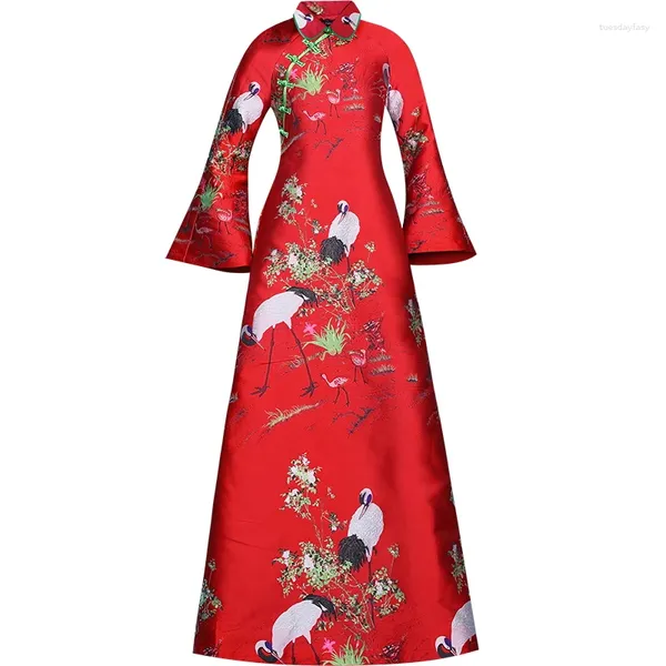 Abiti casual Spring Autunno lungo vestito in stile cinese Serata Jacquard Brocade Party Women Abbigliamento Floral Caviglie lungo la caviglia