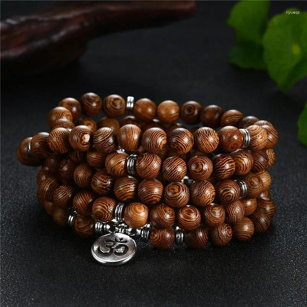 Strand multistrato 108 perle in legno loto om braccialetto buddista tibetano Mala Buddha Charm Rosary Yoga Wooden for Women Men Jewelry