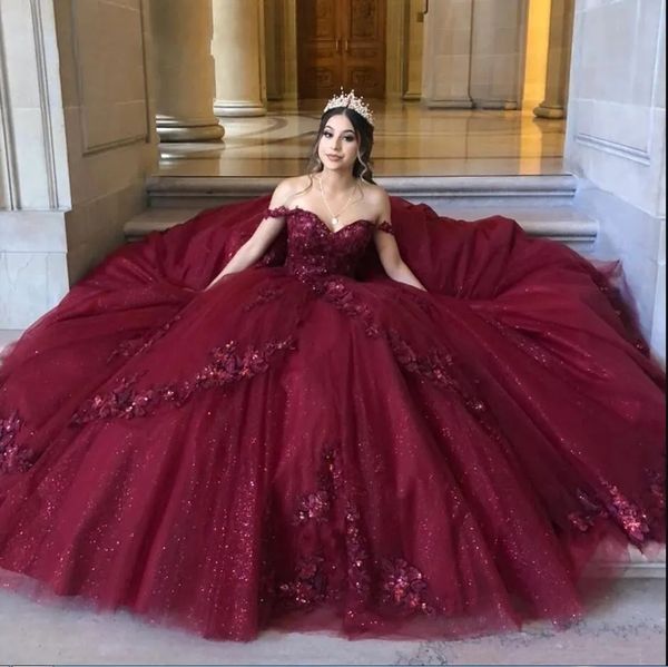 Burgundy prenses quinceanera elbiseler dantel aplikeler glitter payetler tül uzun balo elbisesi balo mezuniyet parti elbisesi omuz vestido de vx anos 2024