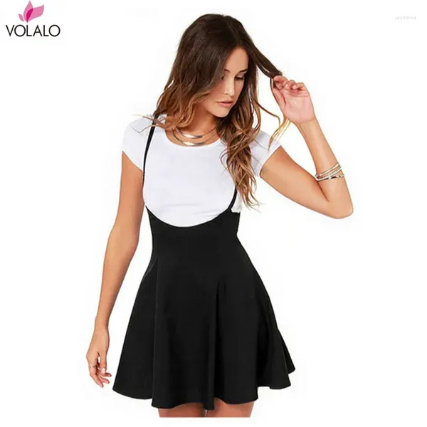 Vestidos casuais Volalo Black Mulher Dress With Selas de ombro Pacote Hip sob Slim Suspender Suspender High Waist Mini School