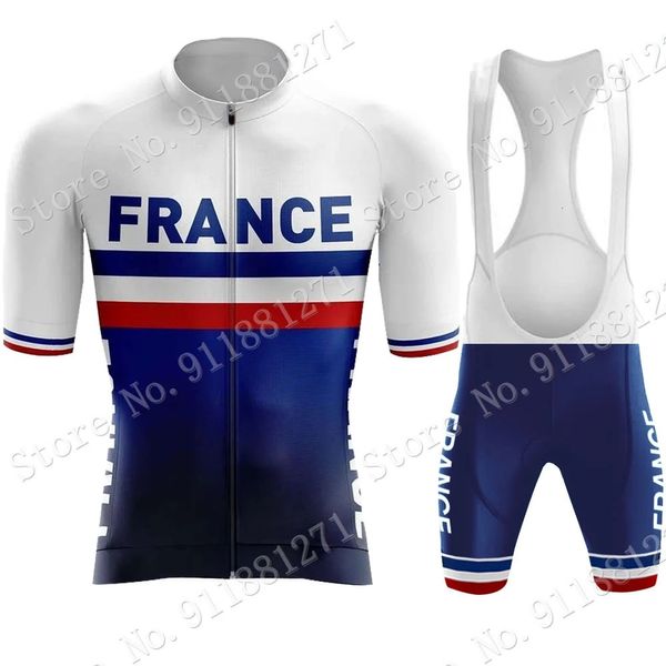 Radsporttrikot Frankreich Nationales Set French Retro Cloding Road Bike Blue Shirts Anzug Fahrrad Bib Shorts Mtb Ropa Maillot 240508