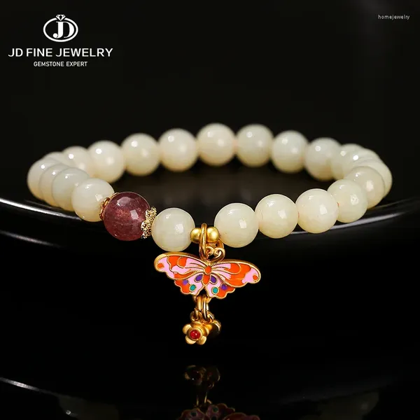 Strand JD Naturalstein Chinesisches Hetian Jade Metall Schmetterling Anhänger Armband Frauen Luxusstreifen Armreifen Yoga Glück Schmuck