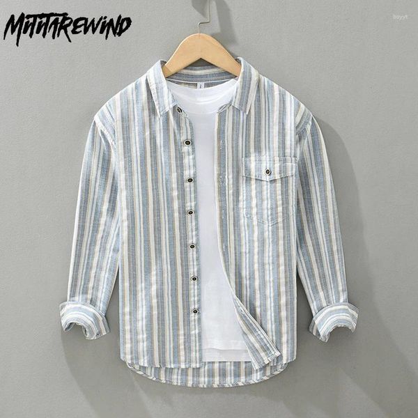 Camisas casuais masculinas primavera verão tingido homem listrado diariamente tops respiráveis de manga longa camisa de linho de algodão japonês roupas vintage