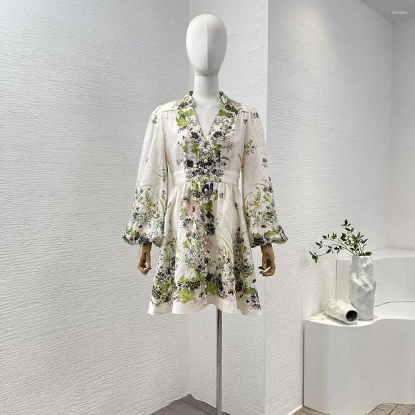 Повседневные платья льня 2024 лето белый зеленый цветочный принт с длинным фонарем женщины высококачественное мини -платье высокого качества
