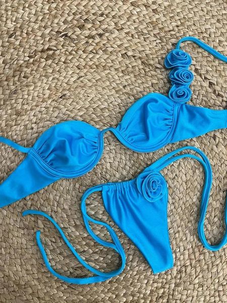 Damen Bikini Bikini Set sexy 3d Blumenblau Push Up 2024 Frauen gefaltet Unterdrückte Mikro -Tanga Badeanzug Badeanzug Mujer