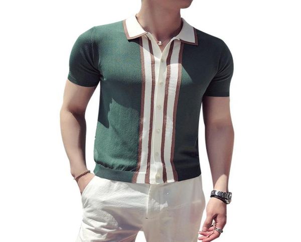 Camisa de listras de malha contraste Menas britânicas Moda curta Camisa Masculina Playera Hombre Black Green1882205