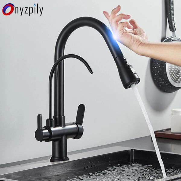 Wasserhähne Onyzpily Black Touch Sensor Küche Wasserhahn ausziehen Waschbecken Wasserhähne Heißer Kaltmischer reines Wasser Tippdeck montiertes Haken Dual Griff