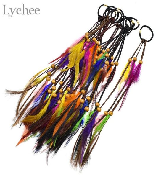 Lychee Boho Dreadlock Beads красочные перья упругие волосы для волос удлинители.