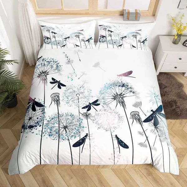 Yatak Setleri Renkli Karahindiba Yatak Seti 3 PCS Çocuk Yetişkin Odası Dekornatürü Uçan Hayvanlar Bitkiler Torporter Modern Boho Bedclothes J240507