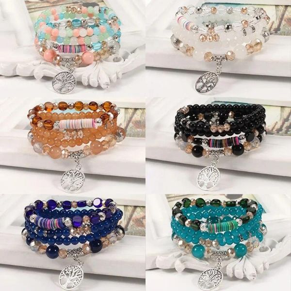 Bracelets de link Árvore de várias camadas de vida e pingente de paz Bracelete artesanal com miçangas 4 peças/conjunto de vidro de cristal artificial