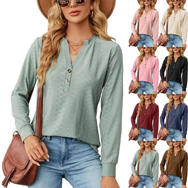 Kadın Tişörtleri Volalo 2024 Avrupa ve Amerikan Sonbahar/Kış Düz Renk V-Yastık Düğmesi Süslenmiş Gevşek Uzun Sleeve T-Shirt Üst