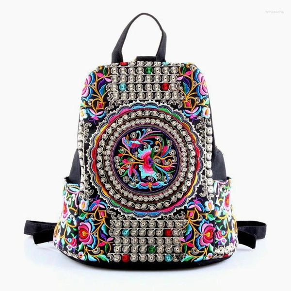 Mochilas de mochila Mochilas de lona étnica para mulheres bordados vintage Bolsas de viagem bordadas à mão de flor bordadas mochilas para mujer
