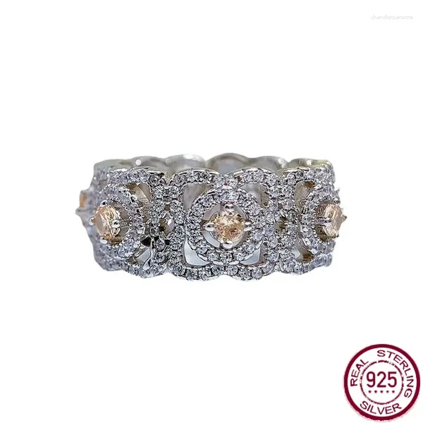 Ringos de cluster S925 Silver Ring Champagne Cold e elegante jóias versáteis da moda simples para mulheres
