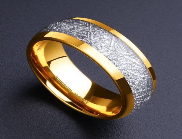 Luxusmenschen Schmuckzubehör 8mm Gold Tungsten Carbid Ring Inlay Silber Meteorit Muster Ehering für MEN2315583