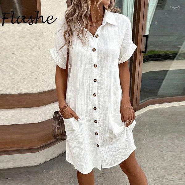 Vestidos de festa Vestido de camisa de verão Mulheres casuais Turn Down Collar Slave Button Holida de praia para Mini White