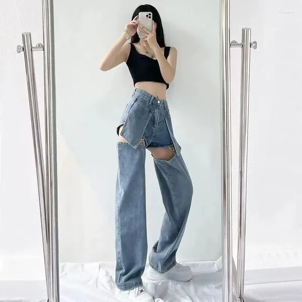 Jeans femininos 2024y2k Rapped macacão sexy Design de jeans larga calças de perna larga rua punk hip-hop moda coreana azul e preto de duas roupas