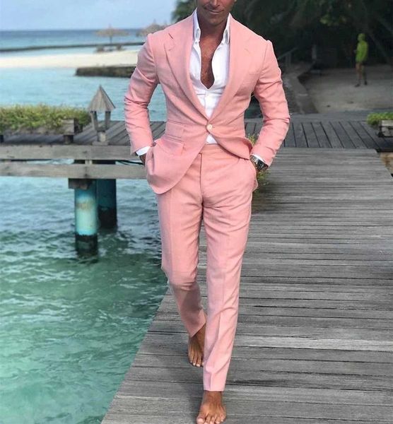 Ternos masculinos Blazers mais recentes casaco e calça Design Summer Beach Mens Cloth Pink Conjunto de casamento Bola de casamento Melhor q240507