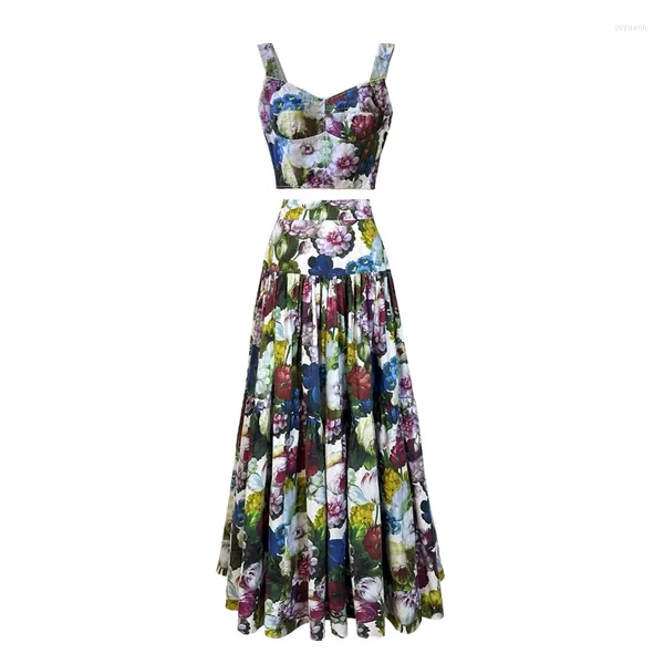 Vestidos de trabalho Chiclady Floral Pattern Duas peças definem curtos camisole tops maxi longos saias de moda fashion férias boho ternos vintage