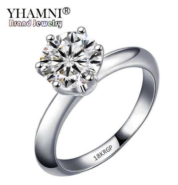 Yhamni carimbou 18krgp anéis de ouro branco para mulheres 8mm 2 quilates 6 garras Cubic Zirconia noivado Ringos de casamento R16859722578708576