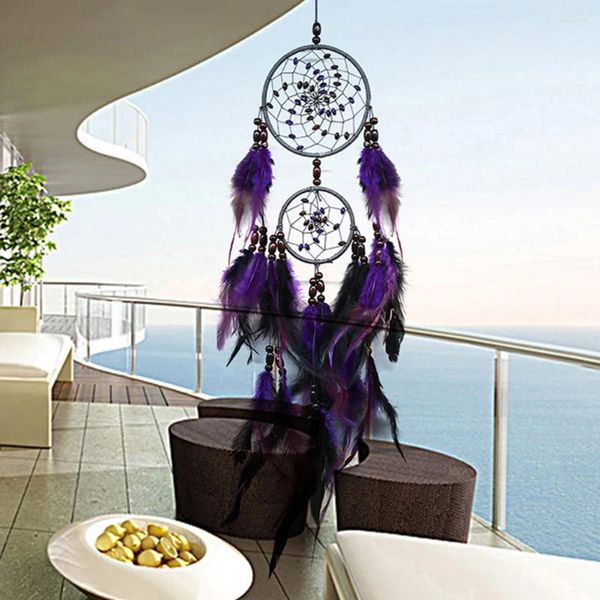 Figurine decorative Purple Feather Decorazione murale decorazione per pareti intrecciata a mano pendente a due anelli artigianali perline romantiche creativa per