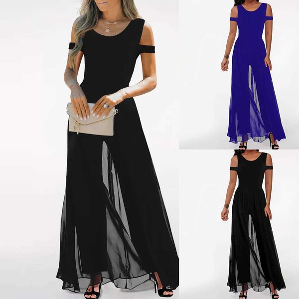 Jumpsuits von Frauen ROMPERS Damen Overalls Rund Hals Chiffon Overlay Jumpsuit Lose Strampel lange Hosen Overalls D240507