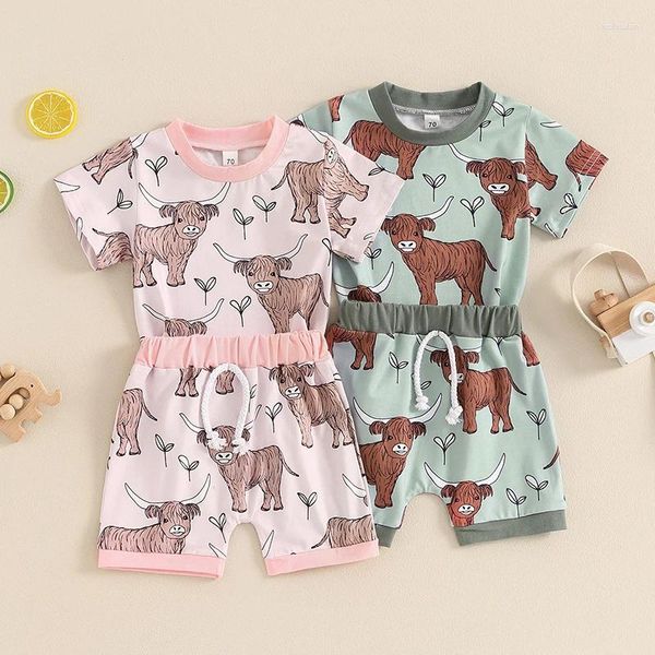 Set di abbigliamento 2024-04-03 Lioraitiin Toddler Boys Girls Outfit Summer Stamp Western Stampa a maniche corte Tops e pantaloncini 2 pezzi