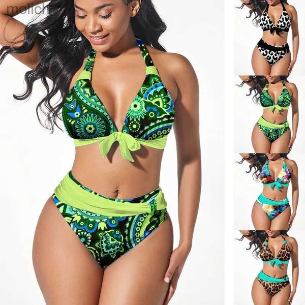 Costumi da bagno femminile di alta qualità da donna in bikini set a due pezzi con plantura verde stampato per vacanza spalla spalla costume da bagno s-5xl wx