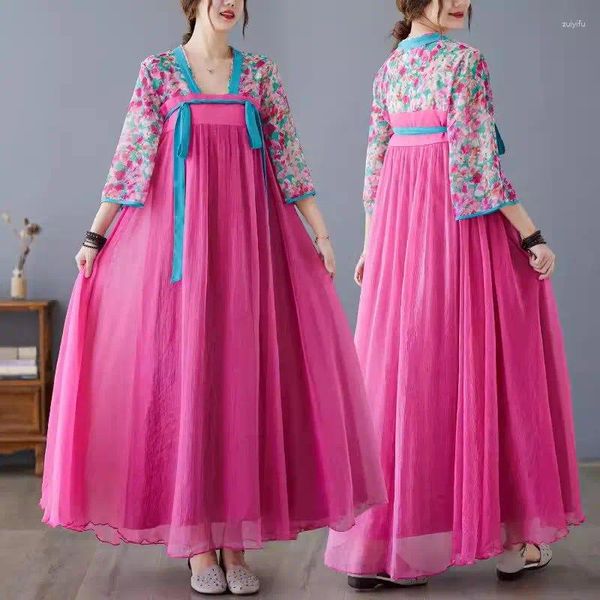 Sıradan Elbiseler 2024 Büyük Boy Kadın Giyim Çin Tarzı Sanatsal Retro Baskılı Yaz Geliştirilmiş Hanfu Kazak Büyük VEYA KURULU K987