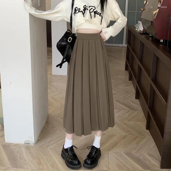 Etekler Kore Moda Takım Pileli Etek Kadınlar 2024 Geri Elastik Yüksek Bel Uzun Kadın Preppy Style Bir Çizgi Okulu Kadın