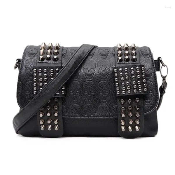 Umhängetaschen Frauen schwarzer Leder Messenger Mode Vintage Cool Skull Nieten Sack A Haupt Bolsa