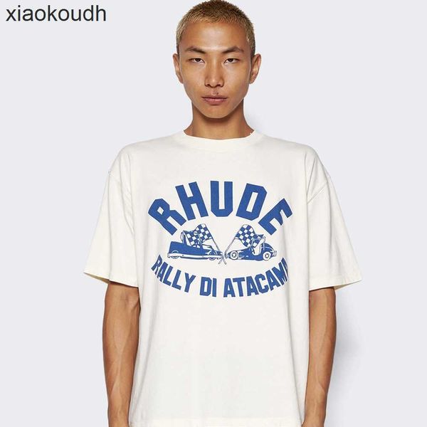 Rhude High End Designer Roupos para Rally Fashion Rally Slogan Impresso Camise de mangas curtas de mangas curtas Camiseta solta Half com mangas com rótulos originais 1: 1