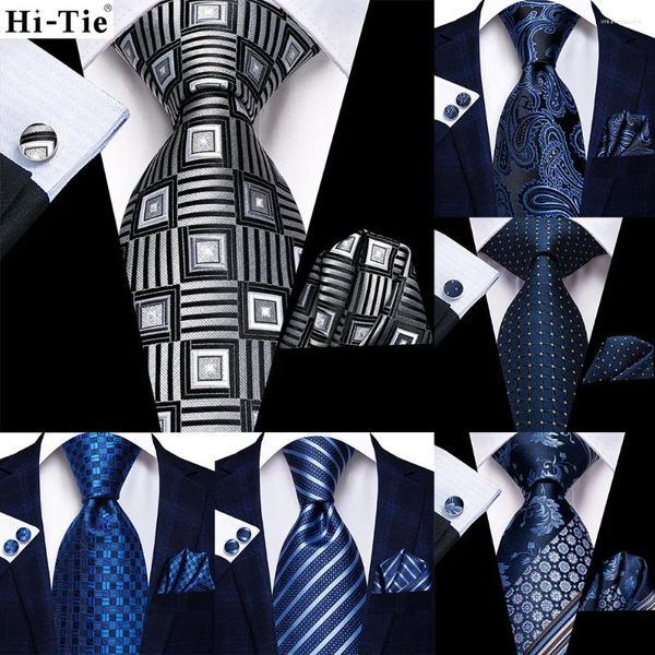 Бабочки Hi-Tie Black Silver Pliad 63-дюймовая шелковая мужская мужская лишняя для мужчин для мужчин Классические 160-см навесные квадратные квадратные квадратные набор запонок