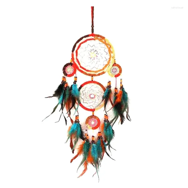 Dekorative Figuren 1 PCs handgewebt fünf Ring Bunte Feder Dream Catcher Netzwanddekoration als gezeigte handgefertigte und glockenklang