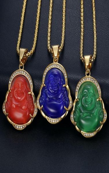 Collane a ciondolo Buddha ride di giada con borchie con diamante con catena in oro inossidabile in acciaio intarsiato gioielli in pietra preziosa intarsiata Wholesa7819862