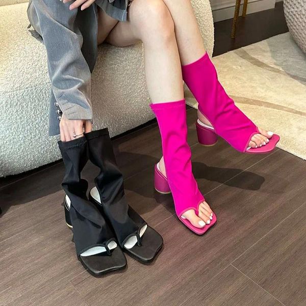 Stiefel Mode Frauen Sandalen Clip Toe Summer Stretch Sockenstiefel dicke High Heels auf Rosenschwarz Party rutschen