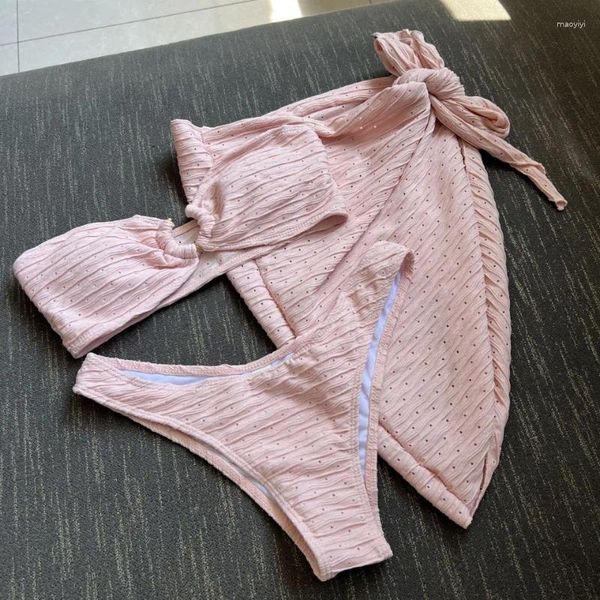 Frauen Badebekleidung 2024 Sexy 3 -teiliges Badeanzug trägerloser Bandeau High Cut Tanga Ring Bikini Set mit Deckrock