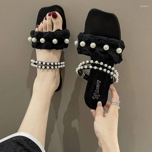 Повседневная обувь жемчужные сандалии для женщины Лето 2024 года с низкими каблуками одно слово чернокожие женские обувь тенденция обуви Корея предложено h vintage f
